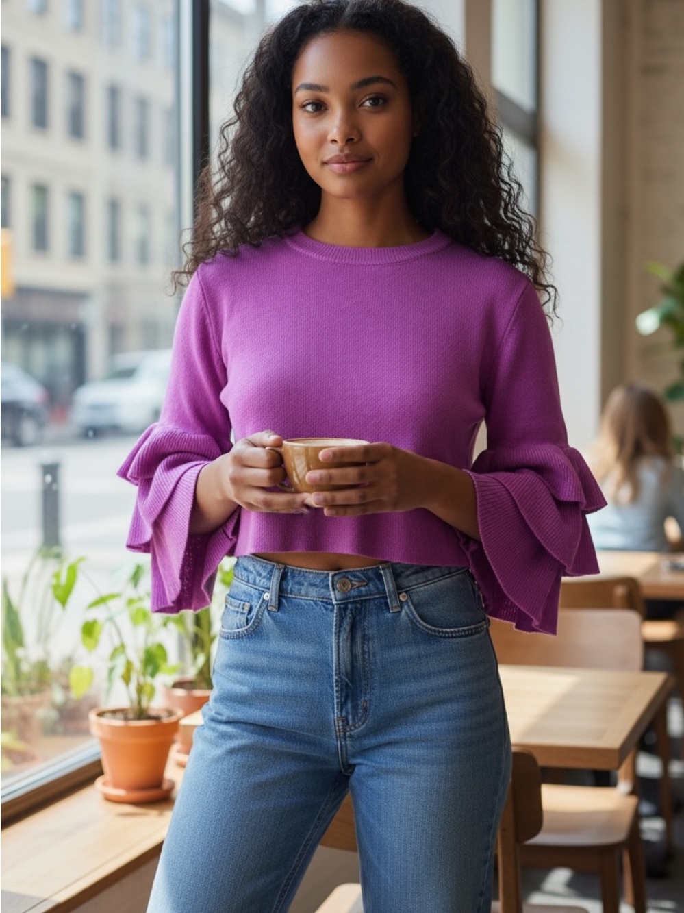 •New W/ Tags• Purple Ruffle-Sleeve Cropped Knit Sweater - Women - Essue
